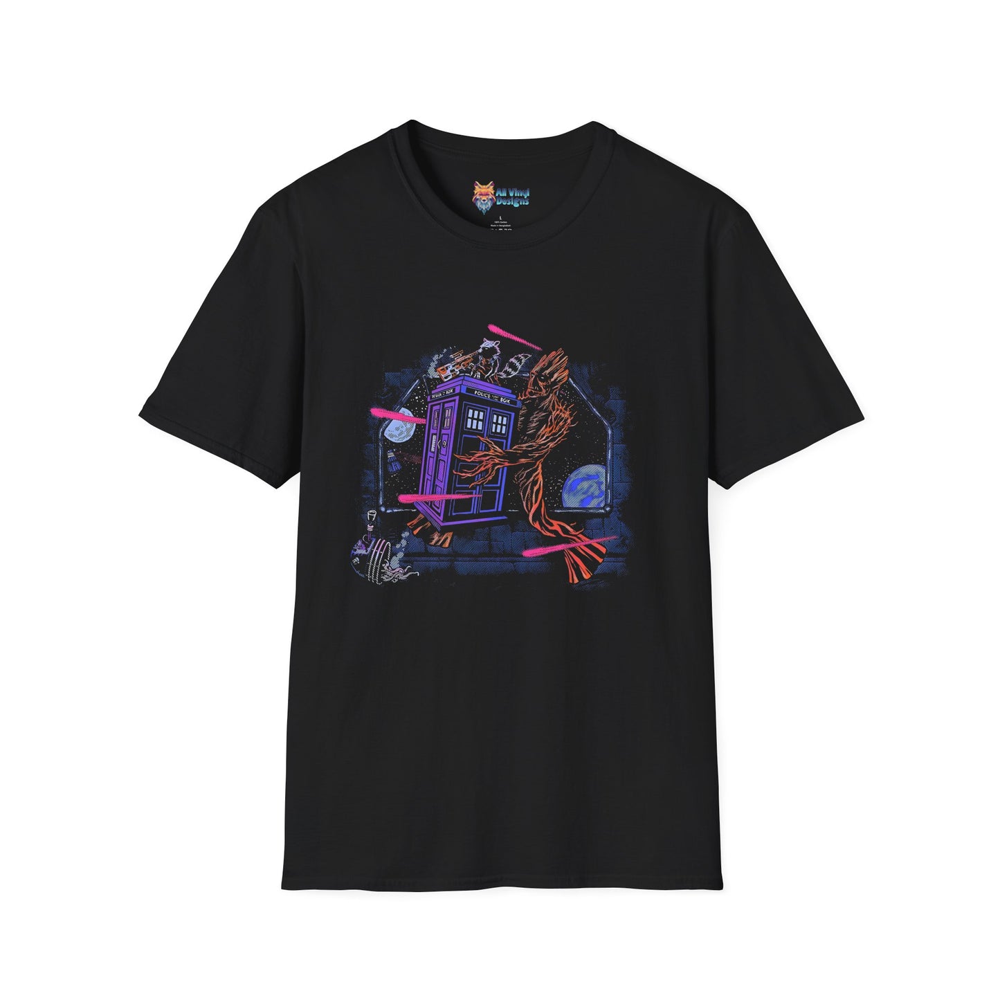 Rocket and Groot Tardis Softstyle T-Shirt, Marvel Guardians of the Galaxy Tee, Dr Who Mashup Shirt, Sci-Fi Fan Gift, Comic Book Movie Top
