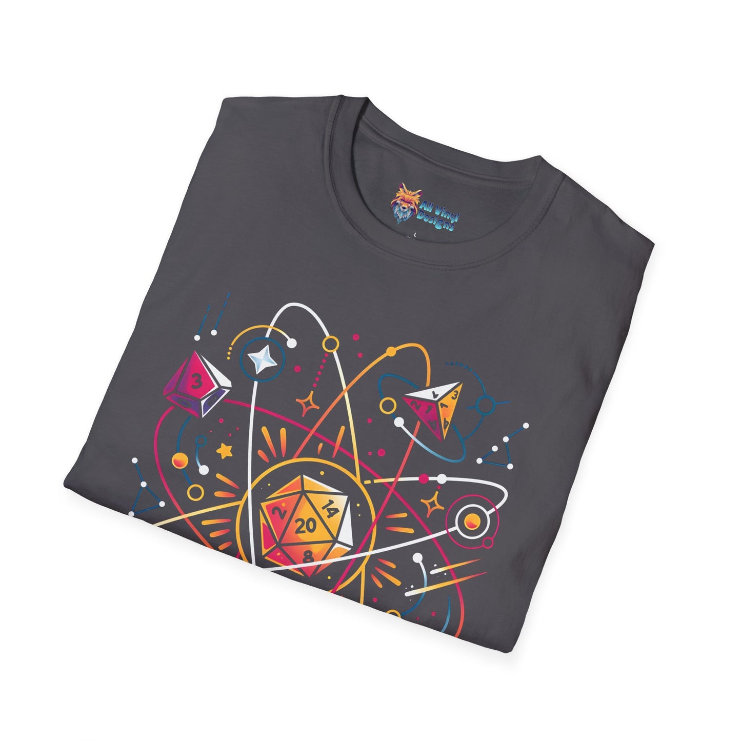 Orbital Dice Unisex Softstyle T-Shirt, Dungeon and Dragons Shirt, Dungeon and Dragons Dice Shirt, Unique Graphic T-Shirt Dungeon and Dragons