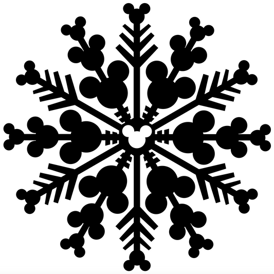 "Disney-inspired snowflake vinyl decal featuring Mickey Mouse shapes, black, 4 x 4 inches"