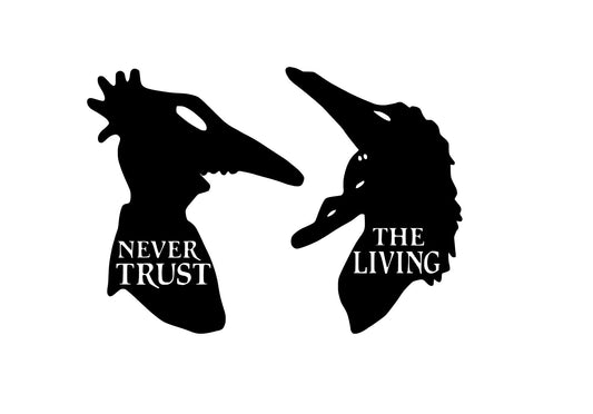 Black vinyl decal featuring silhouettes of Barbara and Adam Maitland in their monster faces from Beetlejuice, with the phrase "Never Trust The Living" in bold white text.