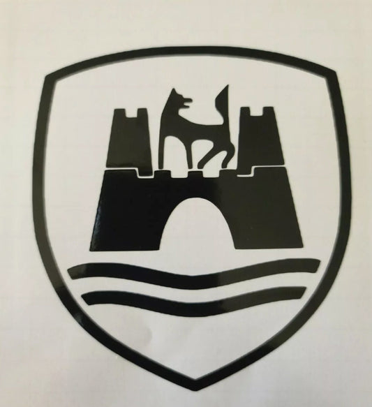 "Wolfsburg crest vinyl decal available in 2 x 2.5 inch and 3 x 3.5 inch sizes, perfect for cars, laptops, and toolboxes"